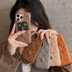純色高級仿皮質插卡山茶花iPhone手機殼