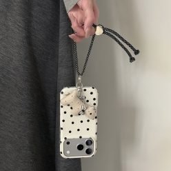 ins奶油波點可愛蝴蝶結狗狗掛繩防摔iPhone手機殼(含掛繩）