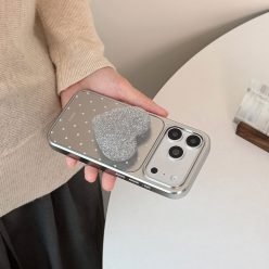 韓系時髦波點氣質閃粉愛心支架防摔iPhone手機殼(含支架)