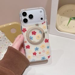 ins夏日彩色花朵360度旋轉支架防摔iPhone手機殼(含支架）