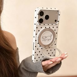 韓系ins波點線條貓咪360度旋轉支架防摔iPhone手機殼(含支架）