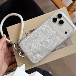 小眾ins裂紋鐳射網格百合花掛繩防摔iPhone手機殼(含掛繩）