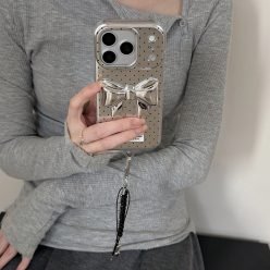 韓系ins銀底波點蝴蝶結掛鏈防摔 iPhone 手機殼(含掛鏈)