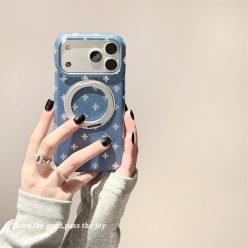 ins小眾牛仔藍十字花360度旋轉支架防摔 iPhone 手機殼(含支架)